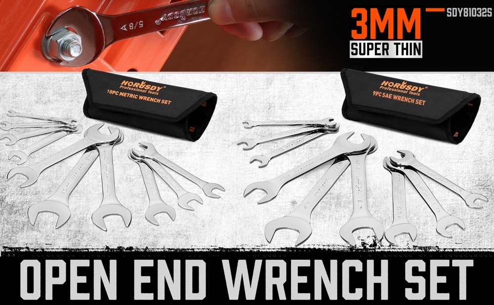 19pc combination wrench set Ring Open End Spanner Super Thin MM & Inch w/ Pouch