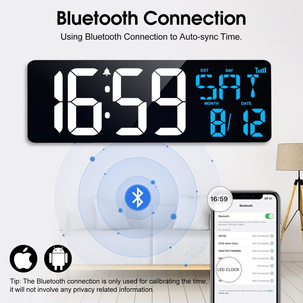 17-in Digital Wall Clock, Bluetooth Sync, Auto-Dimming, Remote, Date, Temp