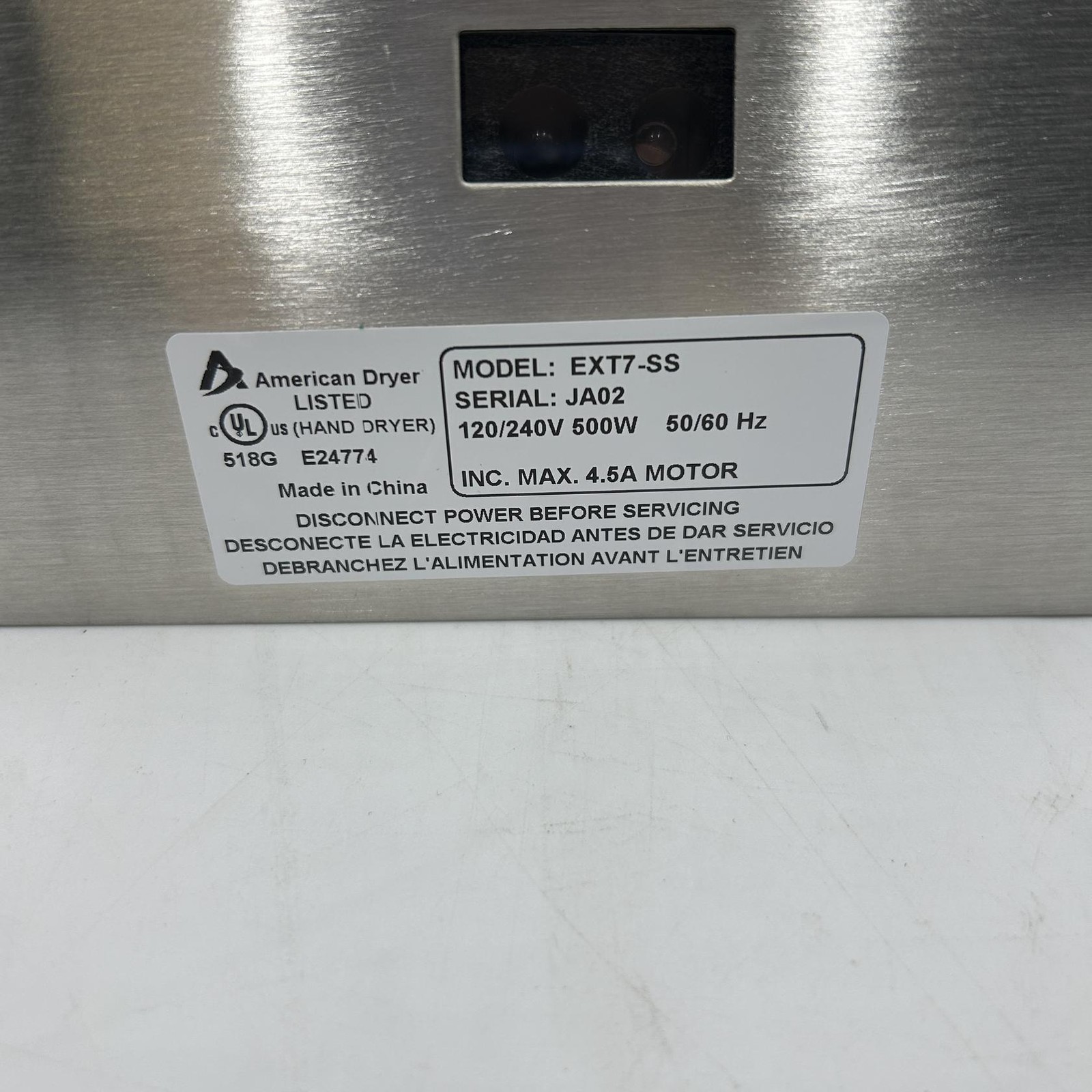 American Dryer ExtremeAir EXT7-SS Stainless Steel Automatic Hand Dryer, 100-240V