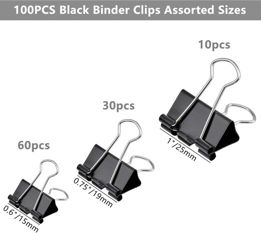 100pcs Binder Clips Assorted Sizes, Black Paper Clamps, Medium, Small, Small