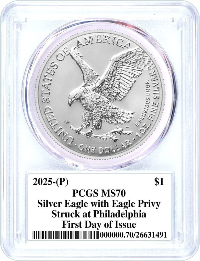 2025 (P) $1 1oz Silver Eagle with Eagle Privy PCGS MS70 FDOI Gibson Signed