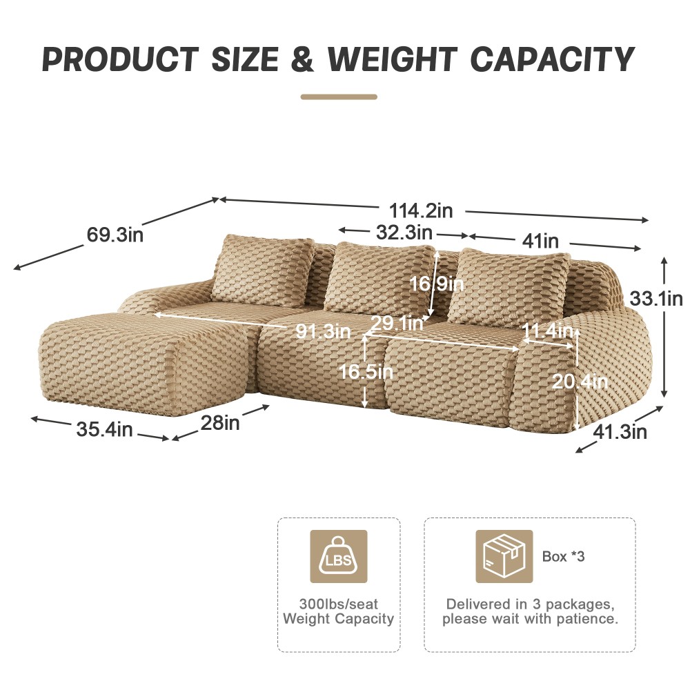 114" L-Shaped Modular Sectional Sofa w/ Ottoman, Flannelette, Light Camel