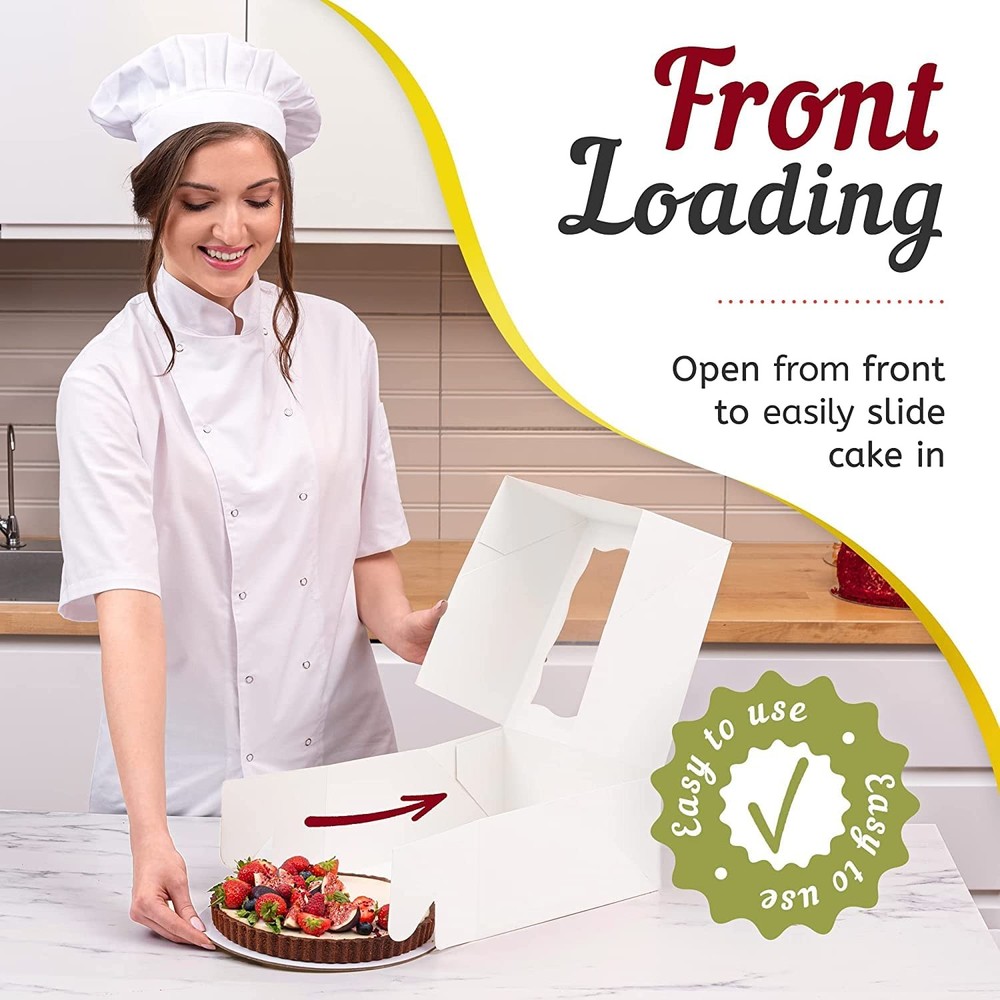 Premium Cake Boxes with Cake Boards Set - 12 Front-Loading Sturdy Cardboard C...