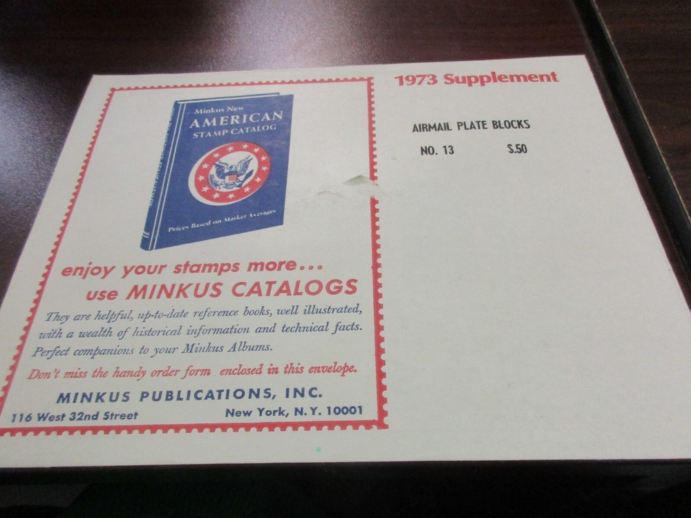 "MINKUS" 1973  SUPPLEMENT AIRMAIL PLATE BLOCKS ALBUM  #13    W/FREE SHIPPING!!!