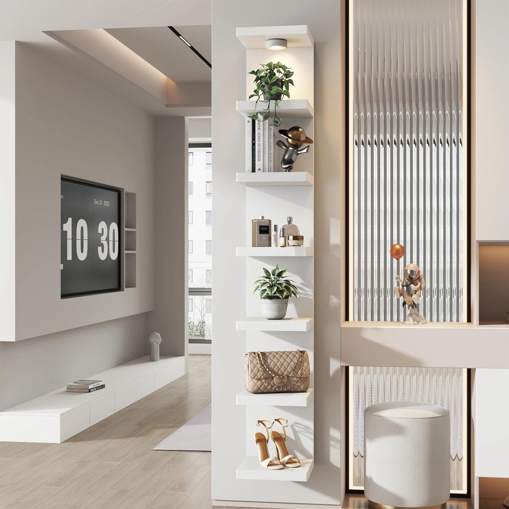 White 7-Tier Vertical Wall Shelf Unit with USB Rechargeable Led Light (Remote...