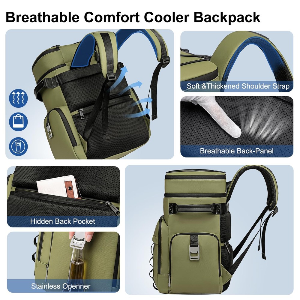 Weitars Insulated Cooler Backpack,Double Deck Waterproof Soft Large, Green