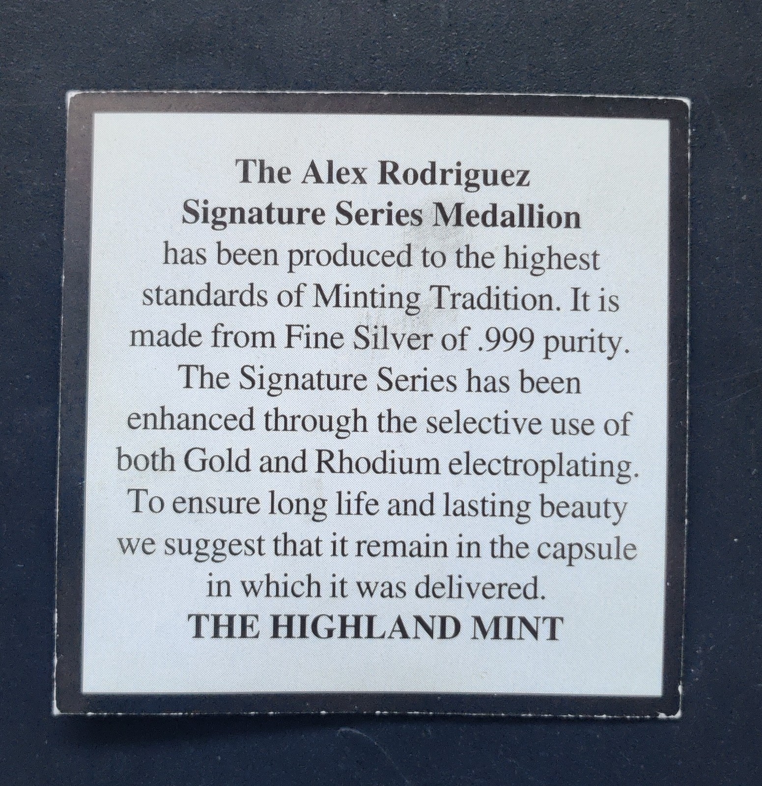 Highland Mint Alex Rodriguez Signature Series Baseball Coin .999 Silver 24K Gold