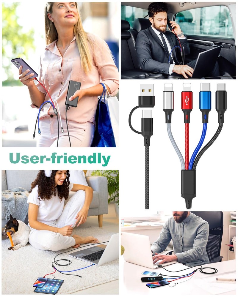 Multi Charging Cable (3Pack 6FT) 4 in 1 USB for 6FT, Black