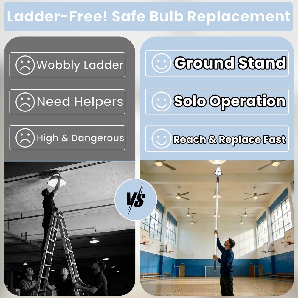 12Ft Light Bulb Changer for High Ceilings Lightweight Extension Pole with Bas...