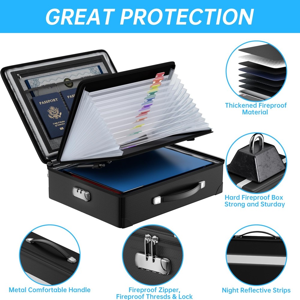 Fireproof Document Box with lock, File Organizer with Fireproof Zipper, Hard ...