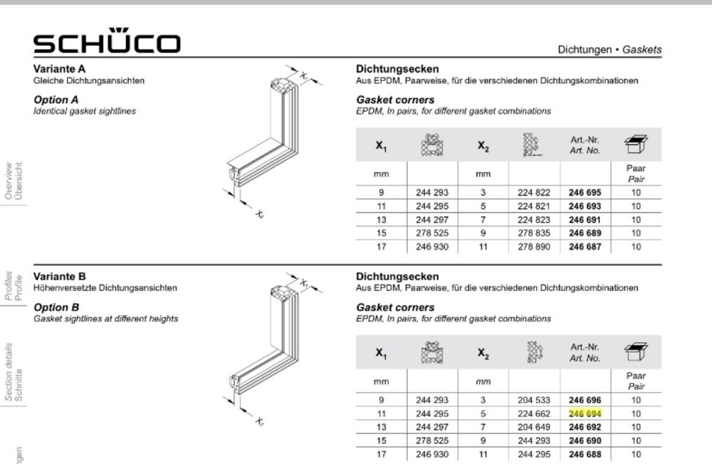 Schuco  Gasket Corners  Ref: 246694  (10pair/pack)