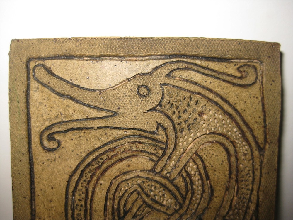 Rare mythical creature primitive earthenware tile incised sgraffito dragon 3 3/4