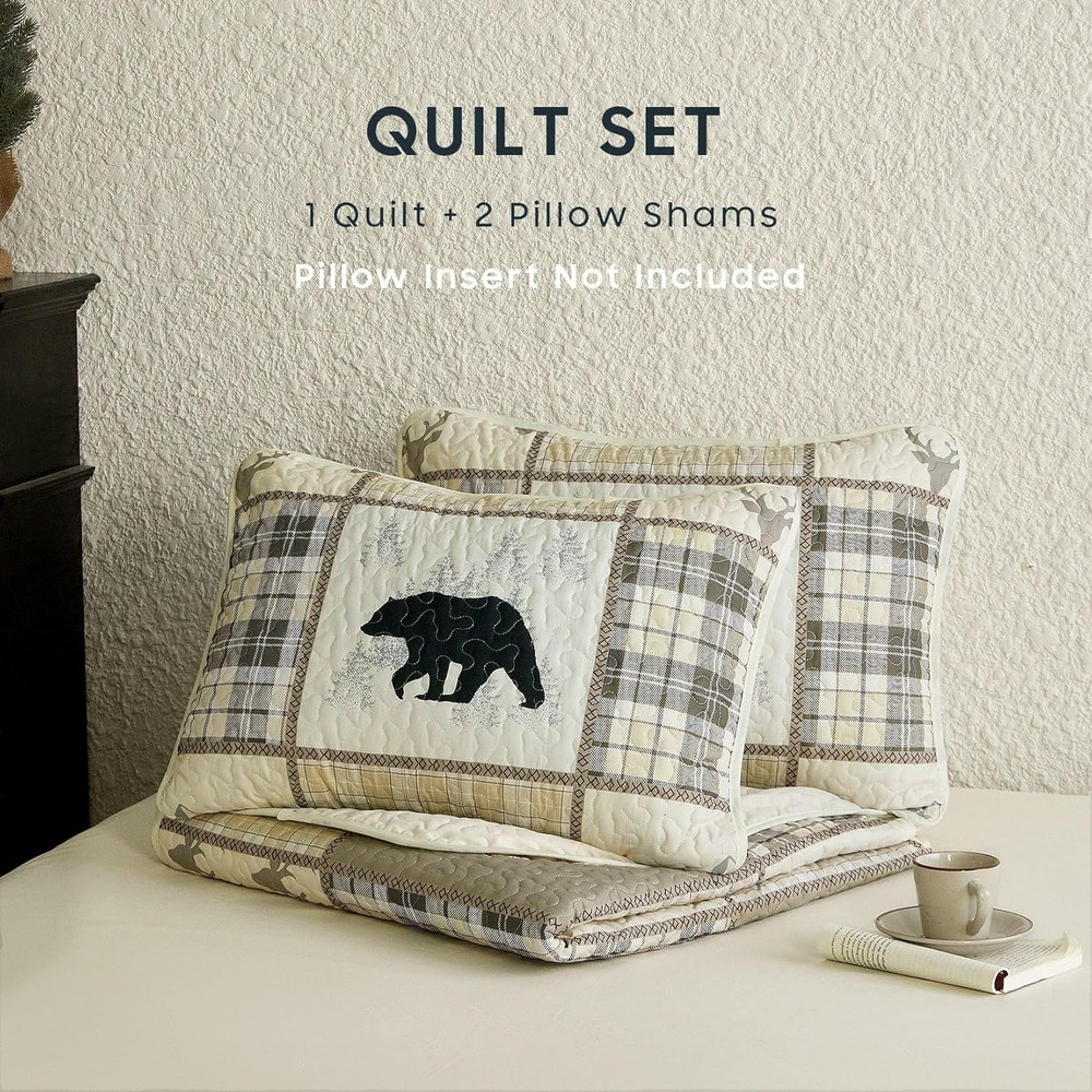 Rustic Lodge Quilt Set Queen Full 3Pc Reversible Bear Moose Deer Bedding TanSets