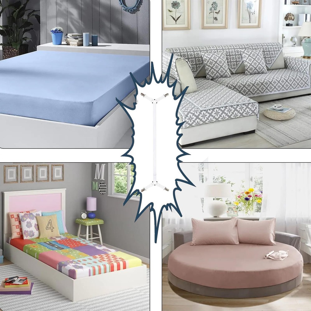 Sheet Straps for Bed, Durable Adjustable Fasteners, Metal Clips, 2PCS, White