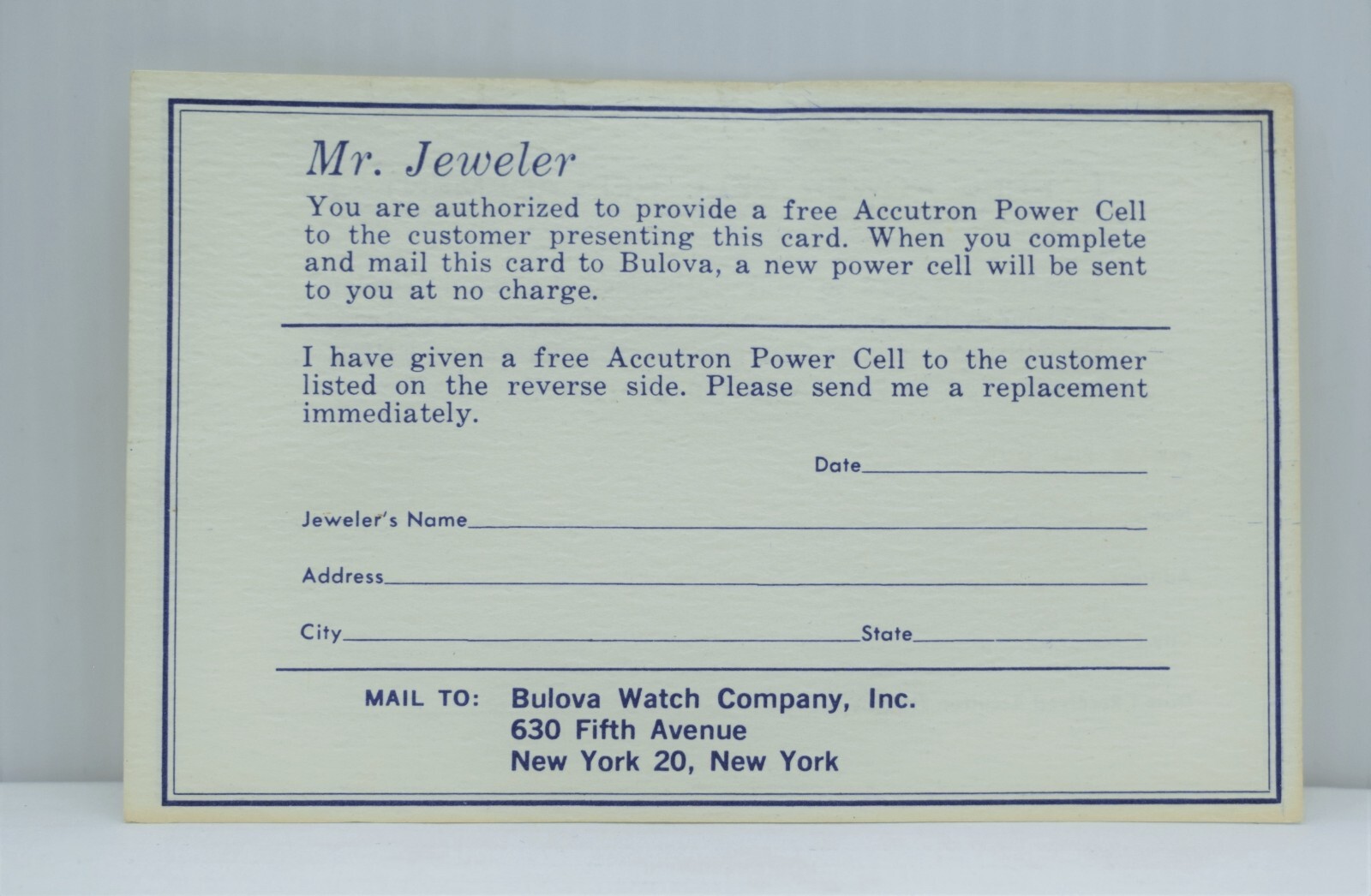 Accutron Free Power Cell Battery Replacement Card Bulova Original Jeweler Watch