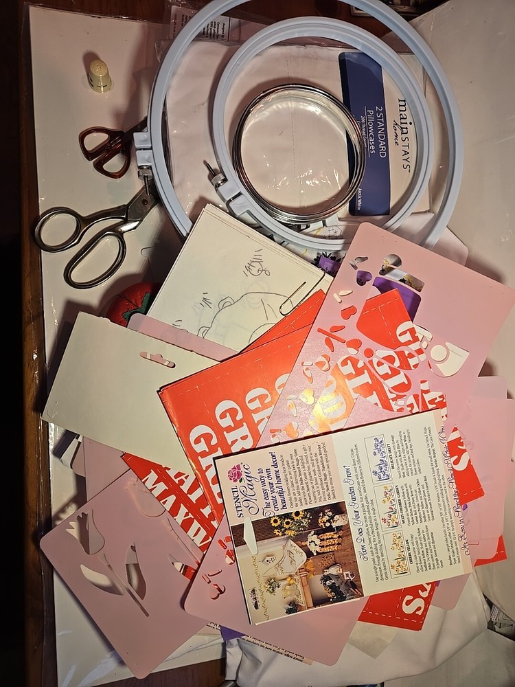 Large Lot:  Various Embroidery Hoops, Stencils, Scissors,  Cushion, Pillow Cases