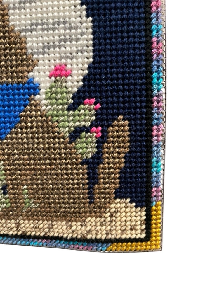 VTG Needlepoint Plastic Canvas Wolf Howling Desert Cactus Completed Handmade
