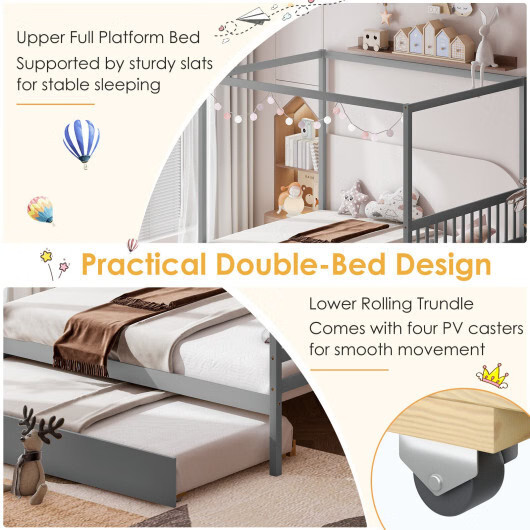 Full Size Canopy Bed with Trundle Wooden Platform Bed Frame Headboard-White