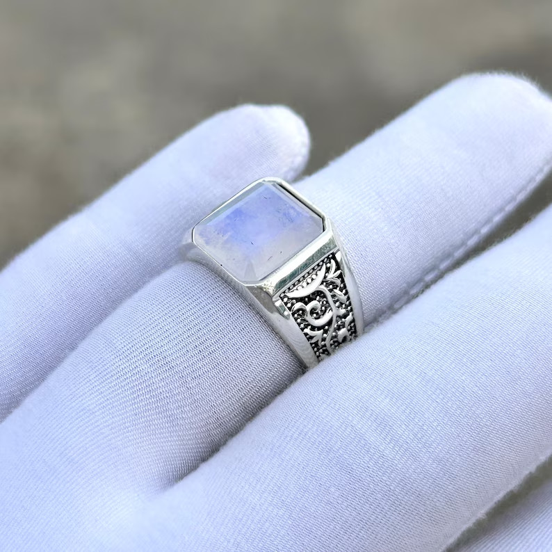 Rainbow Moonstone Ring Mens Solid 925 Silver Handmade Statement Ring
