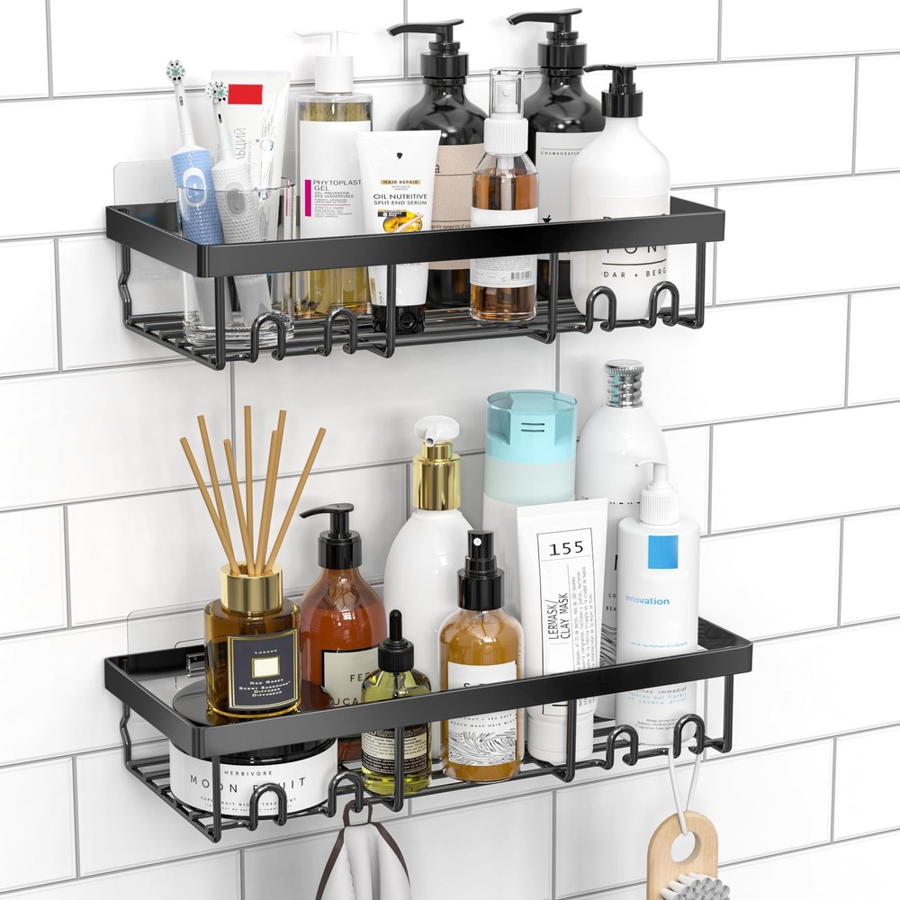 Moforoco Shower Caddy Shelf Organizer Rack, Self Adhesive Black Medium,