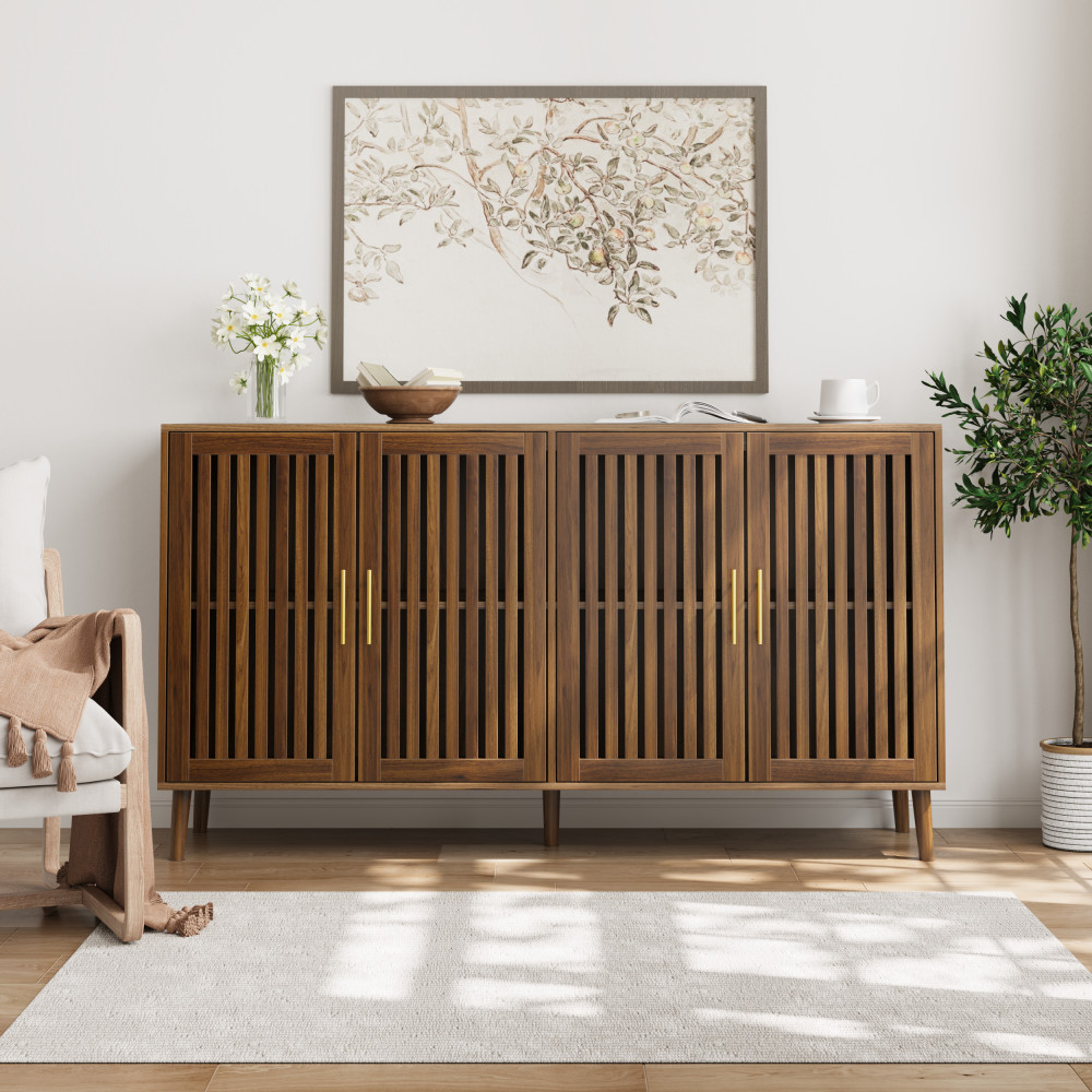 Walnut Grille Striped Sideboard 63" Buffet Storage Dining Cabinet
