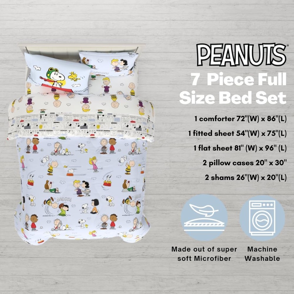 Peanuts Multi Character 7-Piece Bedding Set - Super Soft Comforter & Sheets