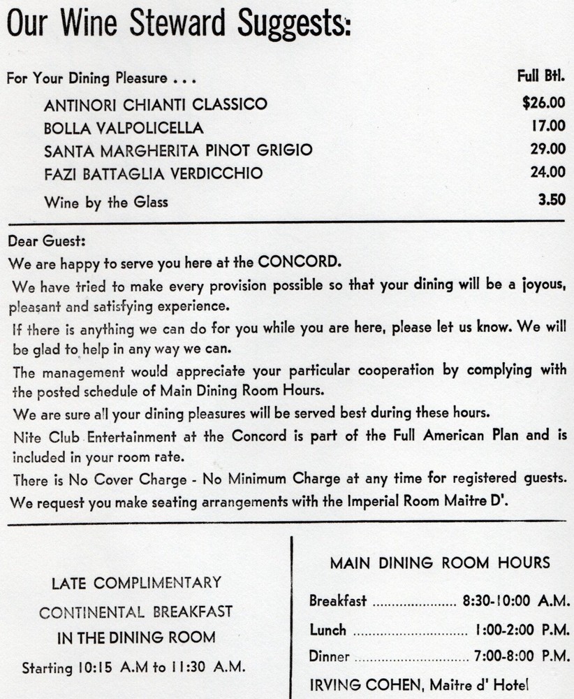 The Concord Hotel Dinner Menu