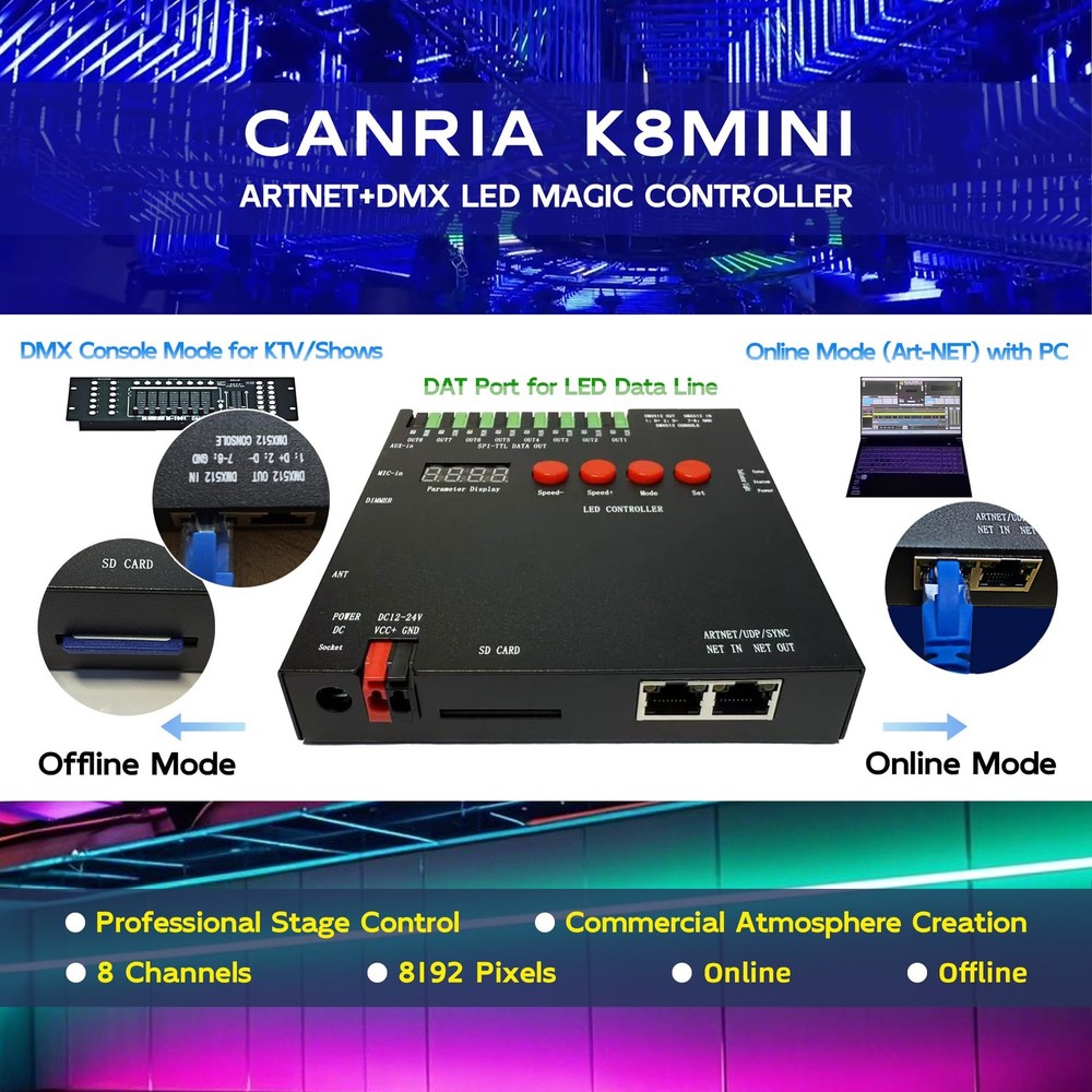 K8MINI ARTNET+DMX Console LED Pixel Controller, for SPI-TTL LED Light, Online...