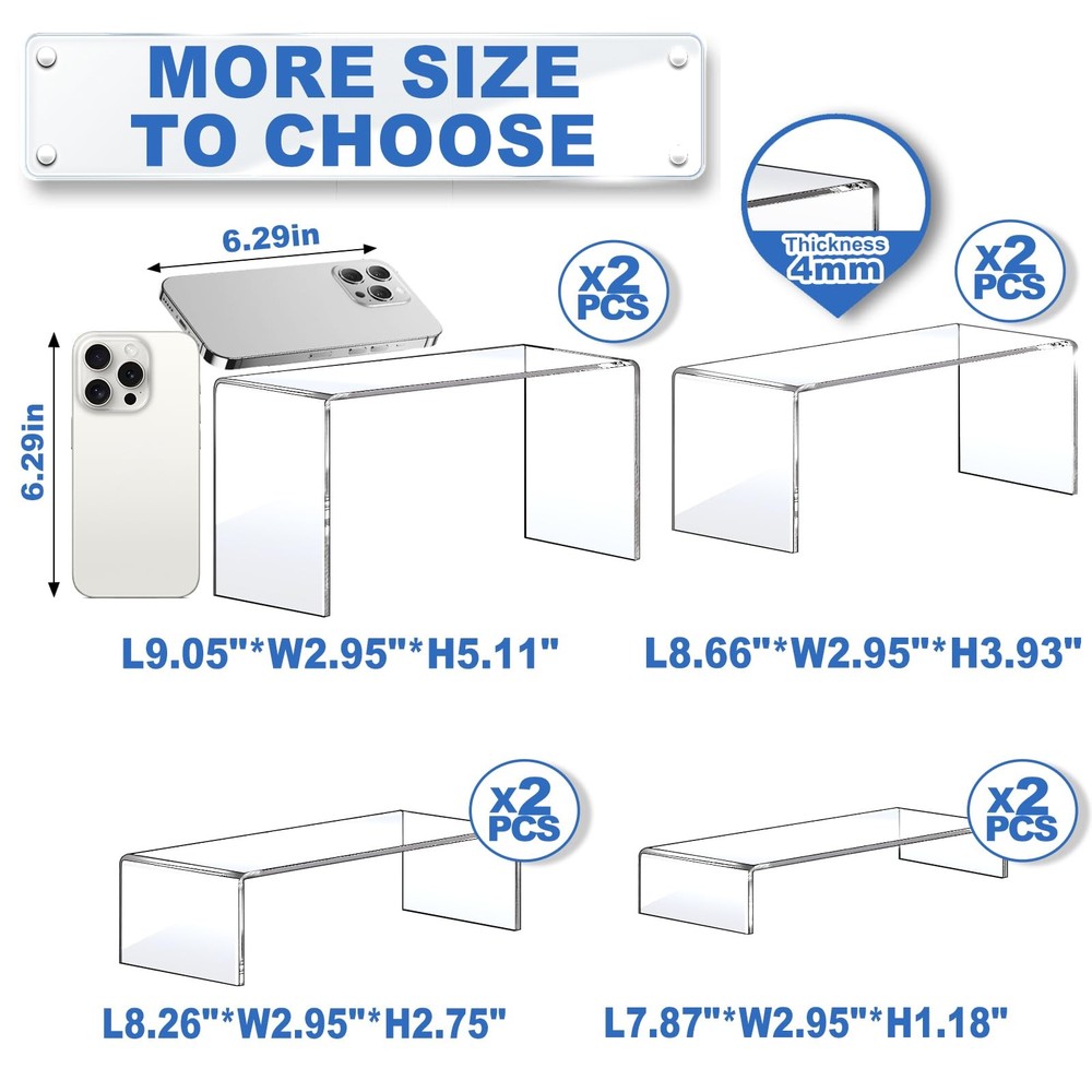 Large Acrylic Risers 8 Pcs 2 Set Display Rectangular Stands Shelf Clear