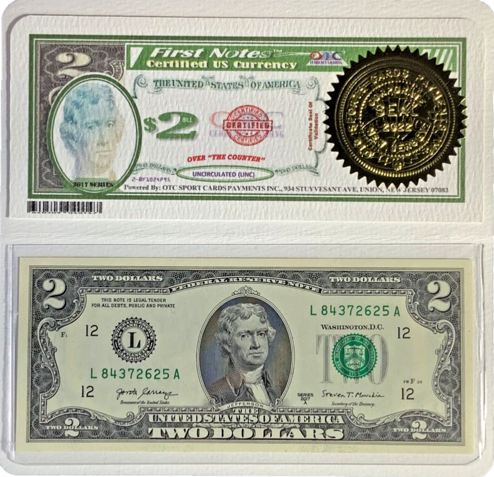 Great Gifts - 2017 2 Dollar Bills (1) First Notes - "HIGH QUALITY" Uncirculated