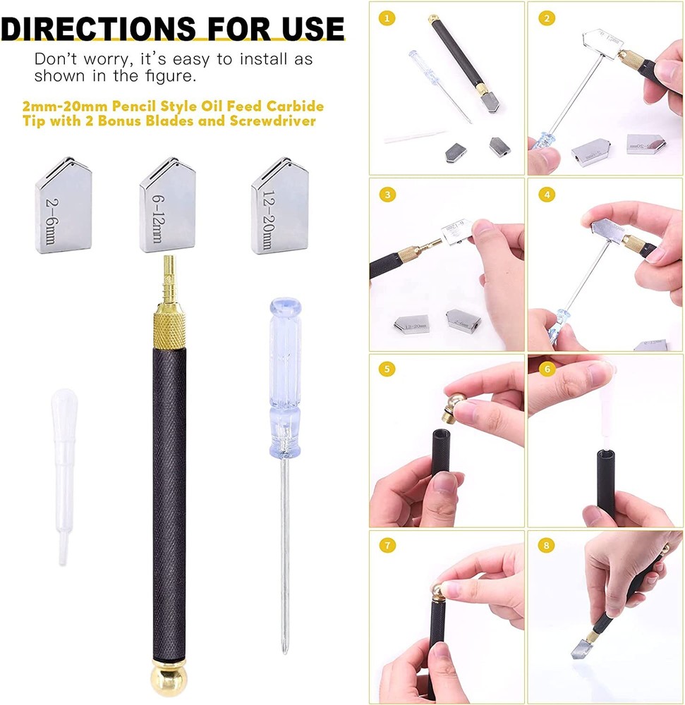 9 Pcs Glass Cutting Tool Set Kit Includes Adjustable Circular Glass Cutter,