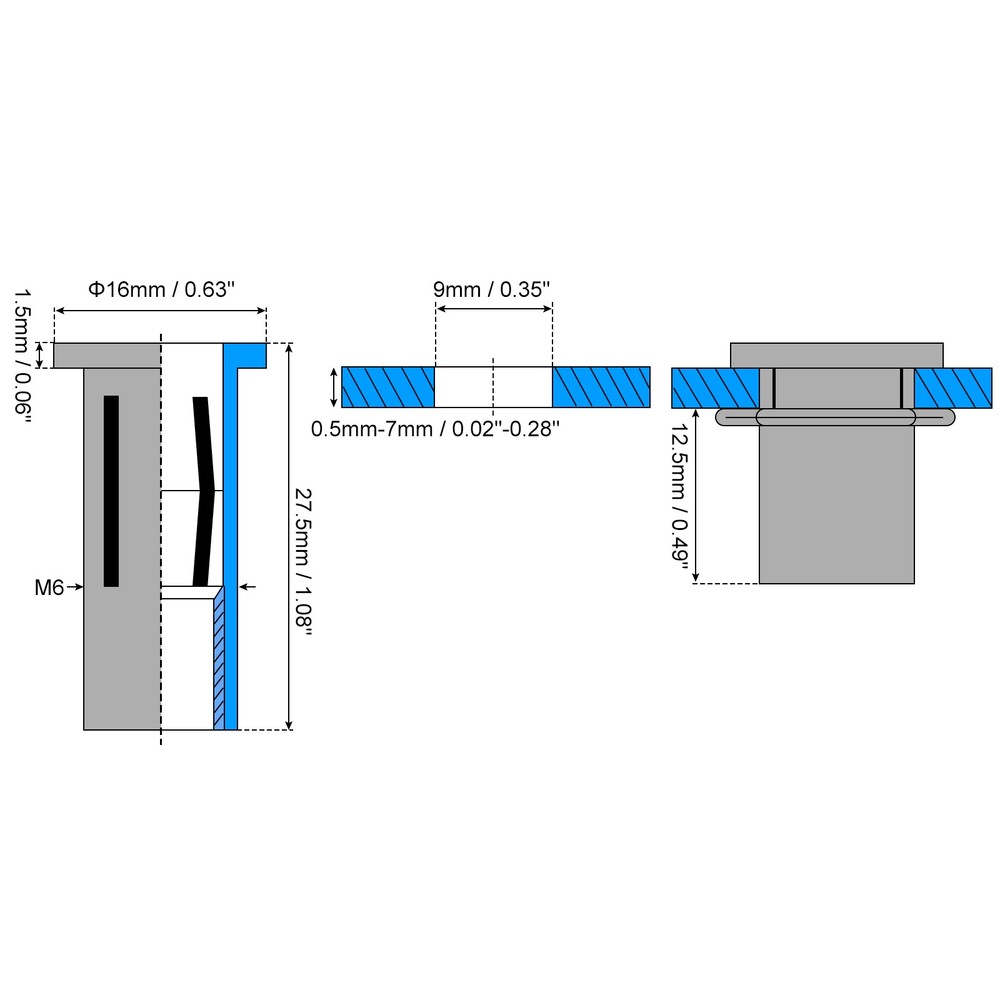 5pcs M6 Multi-Grip Rivet Nuts Pre-Bulbed Shank Flat Head Threaded Insert Nuts