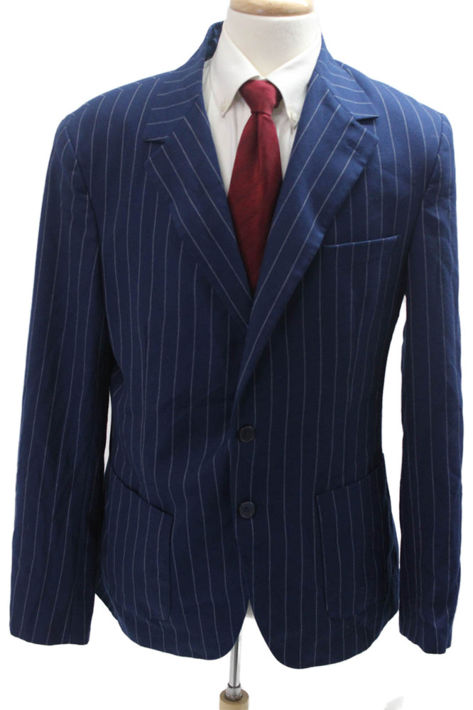 Dan John Mens Blue Striped Suit Jacket Collared Button Long Sleeve Size 48