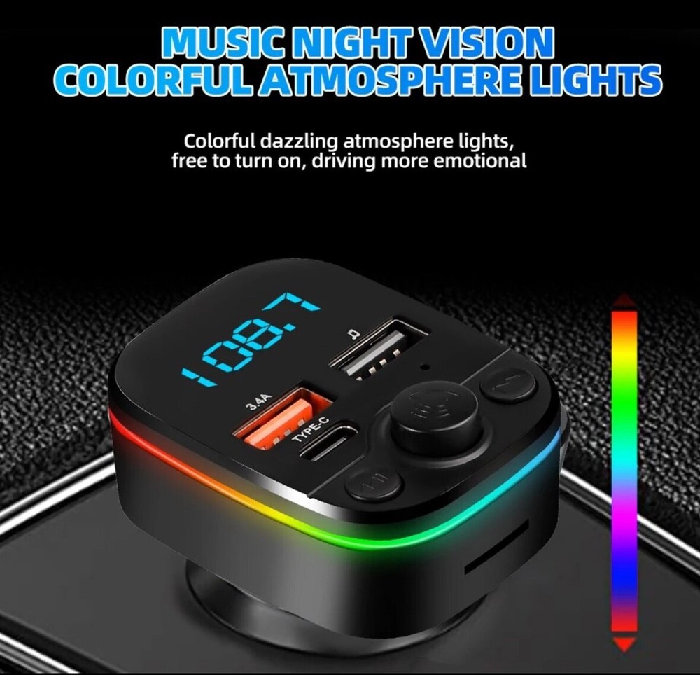 Car FM Transmitter Bluetooth 5.0 Handsfree With TypeC Dual USB 3.4A Fast Charger