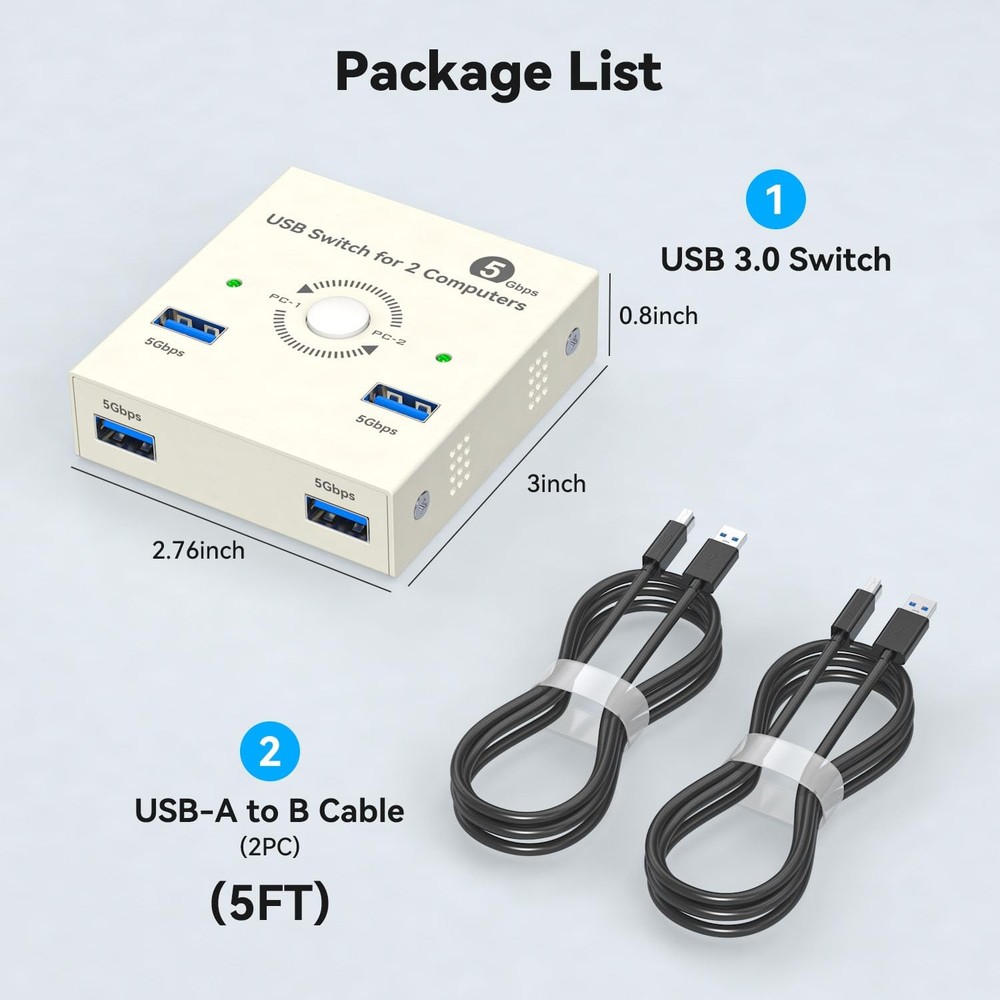 USB 3.0 Switch 2 Computers Share 4 Ports KVM Selector Hub for Mouse Printer