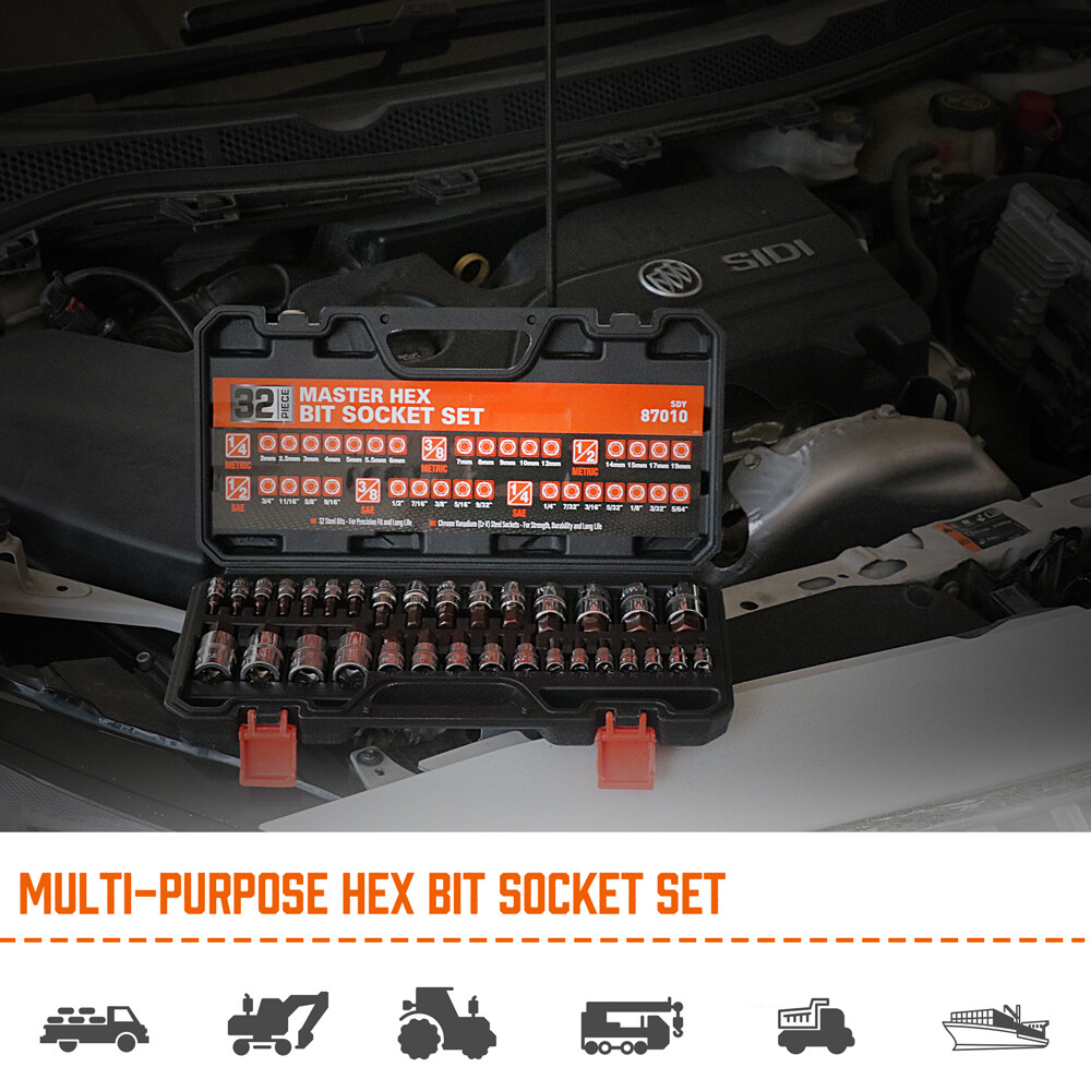 HORUSDY Hex Bit Socket Set 32PC SAE Metric 1/2" 3/8" 1/4" Driver S2 Steel W/Case