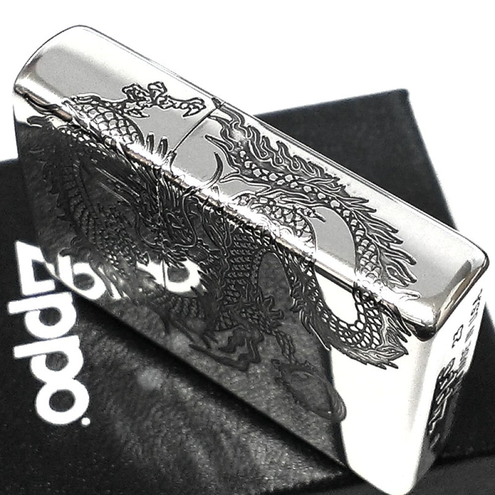 Zippo Dragon 2-sided continuous processing Japanese pattern Silver smoked finish