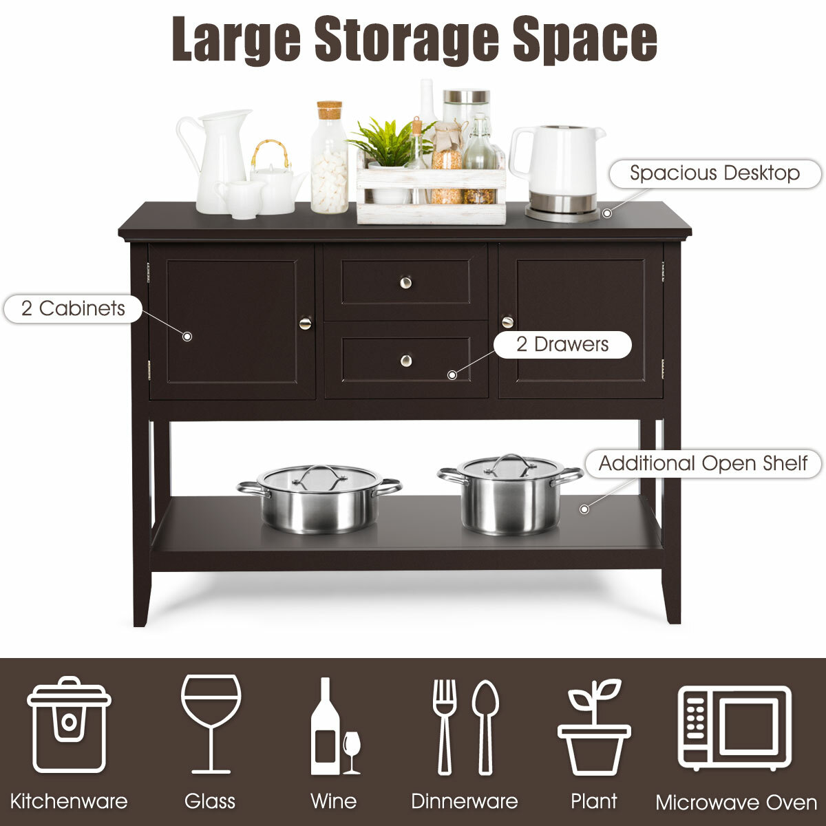 Costway Sideboard Buffet Table Wooden Console Table w/ Drawers & Cabinets Brown