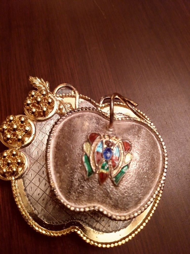 SOLID SILVER HINGED APPLE BOX ON ATTACHED TRAY ENAMEL BUTTERFLY GILT ACCENT