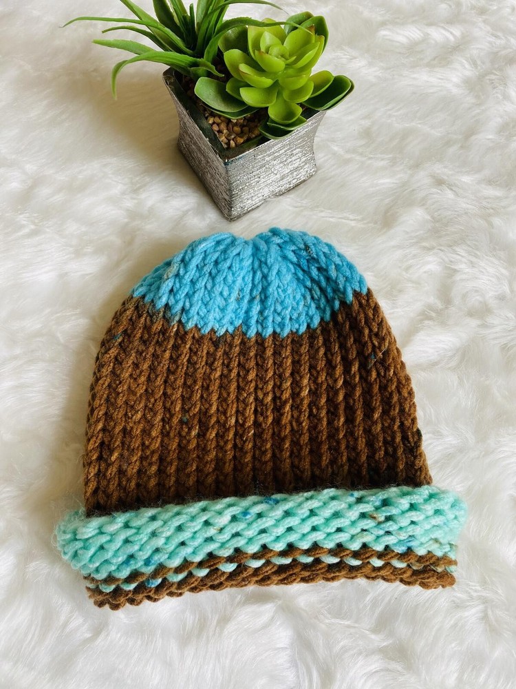 Hand-Knit Chunky Colorblock Beanie Hat
