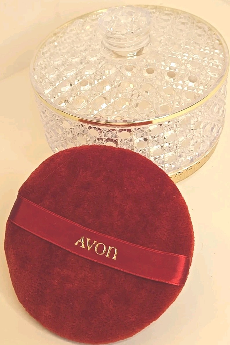 Vintage Avon Powder Box Hollywood Regency Cut Crystal Plastic w Red Puff Vanity