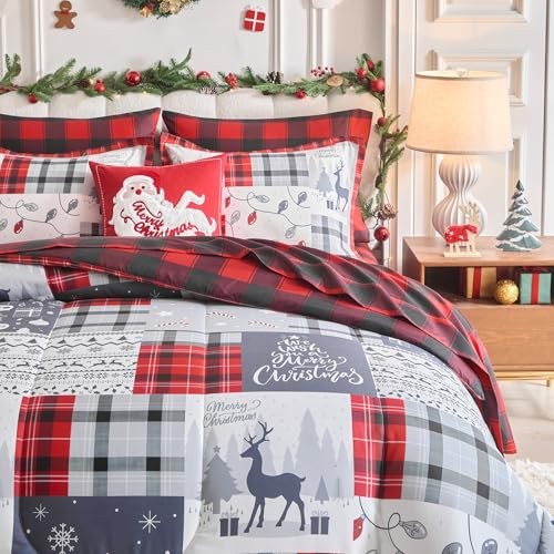 Christmas 7 Pieces Queen Comforter Sheet Set Patchwork Queen-7pieces Gray-red