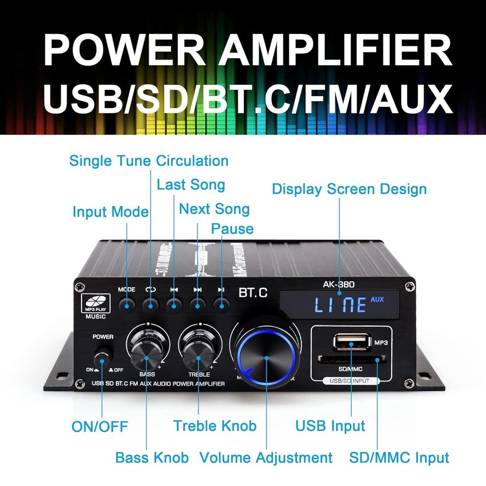 Compact Bluetooth Amplifier with Remote Control - Supports Bluetooth/USB/AUX/RCA