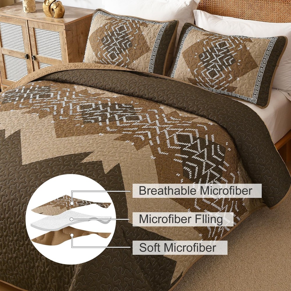 Dintszyayue Brown Quilt Set Queen Size,3 Piece Boho Aztec Texture Bedspread C...