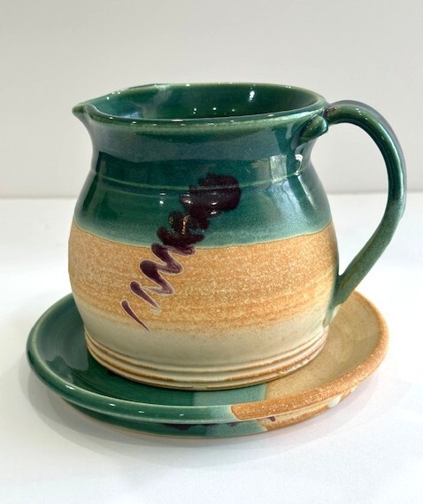 vintage handmade studio pottery PITCHER with PLATE SIGNED