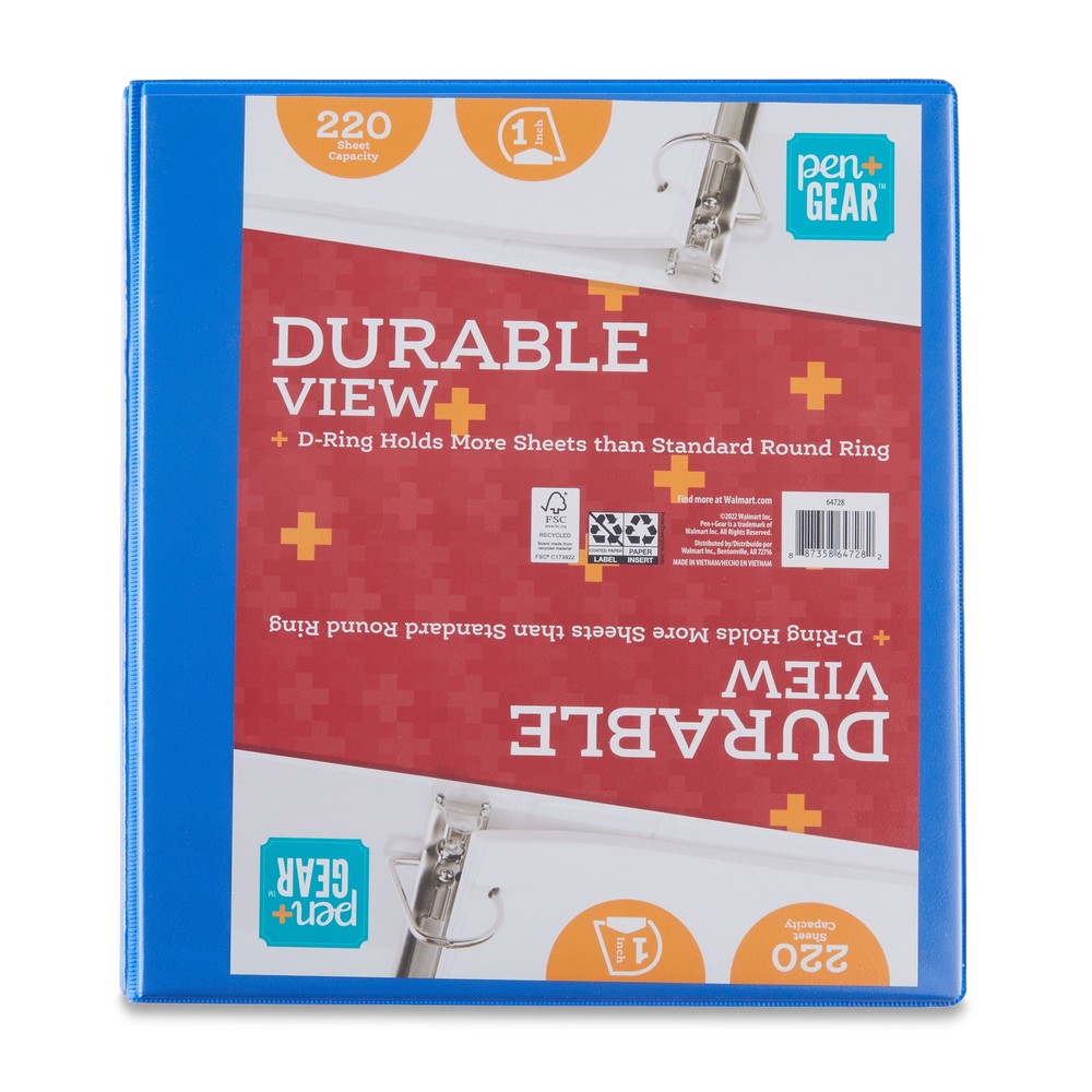 Pen+Gear Durable View 1" D-Ring Binder, White, 4 Count