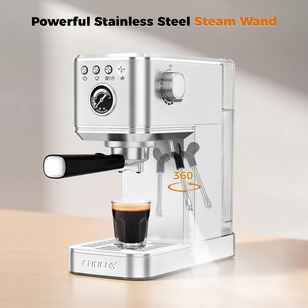 CHULUX Elite Espresso Machine 20 Bar, Compact Medium, Sterling Silver