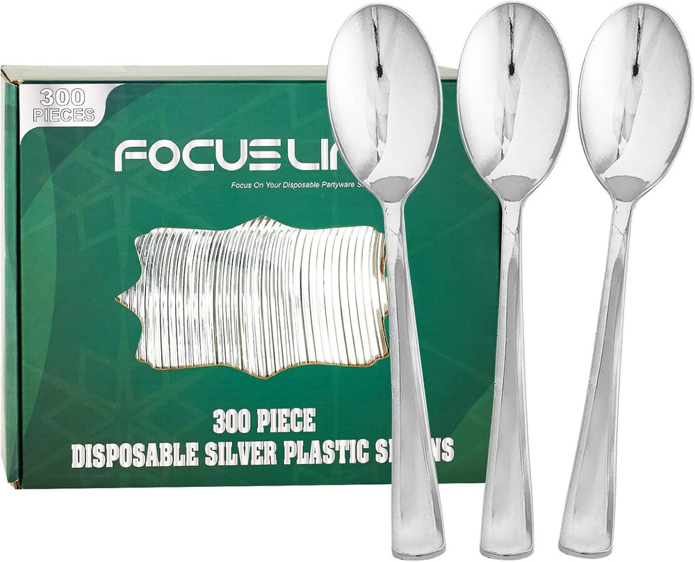 300 Pack 6.8" Disposable Silver Plastic Spoons, Solid and Durable Plastic Cut...