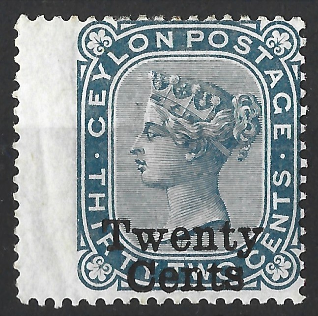 CEYLON QV 1885 20c ON 32c SLATE WING MARGIN MINT