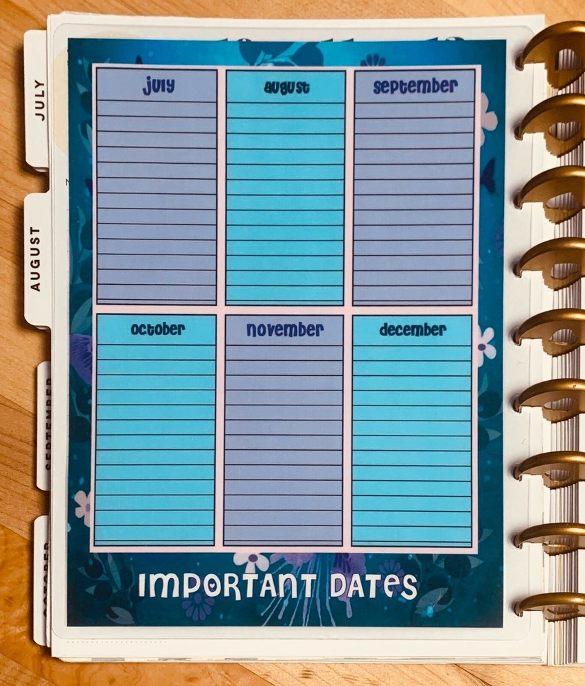 Important Dates 2 Sided Dashboard Insert for use with Happy Planner